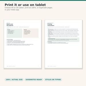 May include: A digital planner guide featuring two white pages with black text. The left page is titled How to use this planner, and the right page is titled Printing instructions. The top header reads Print it or use on tablet.