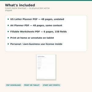May include: A digital planner product listing featuring the text What's included, US Letter Planner PDF 48 pages, A4 Planner PDF 48 pages, Fillable Worksheets PDF 6 pages 158 fields, Print at home or annotate on tablet, and Personal own-business use license.