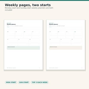May include: Two weekly planner pages with the text Weekly pages, two starts and Monday-start and Sunday-start weekly planners are both included. Each page features a Weekly planner header, date fields, daily sections, and a bottom notes area.