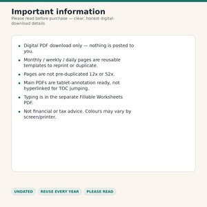 May include: A digital information sheet with the heading Important information, followed by a list of bullet points detailing that this is a digital PDF download, reusable templates, and not financial advice. Three buttons at the bottom read UNDATED, REUSE EVERY YEAR, and PLEASE READ.