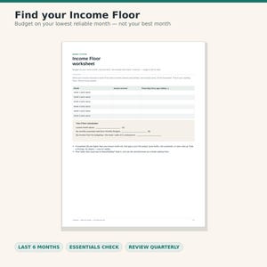 May include: A white Income Floor worksheet document featuring a table for recording income over six months, a section for calculating the lowest monthly income, and bulleted instructions for budgeting based on the lowest reliable monthly income.