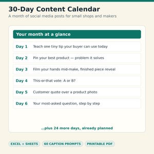 Calendrier de contenu pour les réseaux sociaux | Feuille de calcul Excel de planification de contenu sur 30 jours pour les petites entreprises et les vendeurs Etsy : idées de publications, suggestions de légendes, etc.