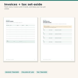 May include: Two white pages featuring an invoice tracker and a quarterly tax set-aside tracker. The invoice tracker includes columns for date, client, amount, due date, and status. The tax tracker organizes data by quarter with fields for income and set-aside amounts.