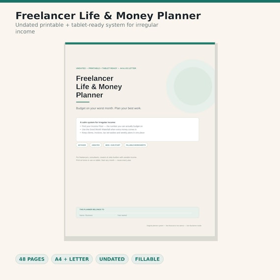 Freelancer Planner for Irregular Income | Undated Life and Money Planner Printable PDF, A4 and US Letter, GoodNotes Ready