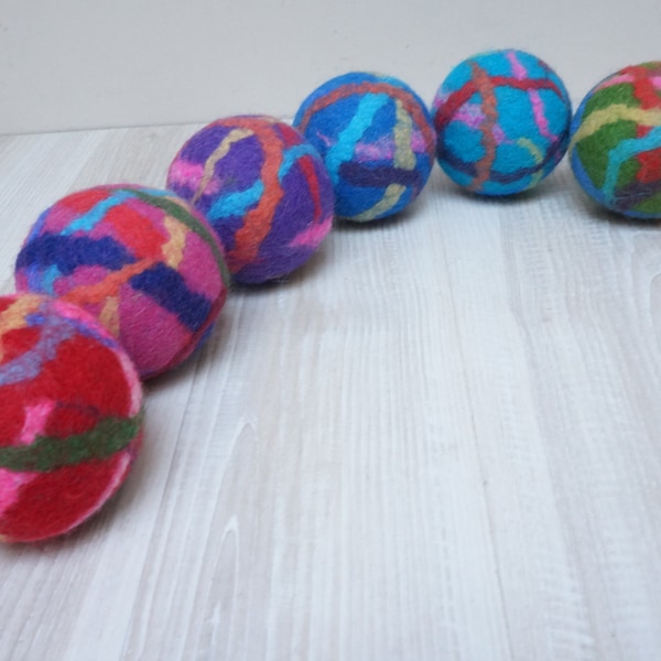 Wool rattle ball large multicolor felted striped green blue pink yellow purple teal mint orange baby cat dog pet toddler toy game play catch