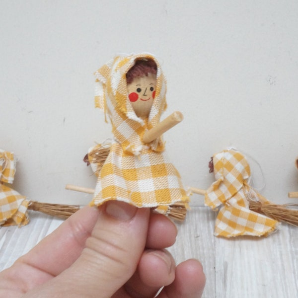 Norwegian good luck mini kitchen witch, Halloween doll handmade hanging ornament, yellow home decor art figurine hand sculptured small rag