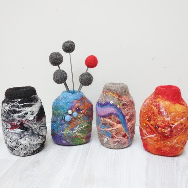 Choose your felt vase Baltic amber seed bead sequin embellished wool felted vases with pompom flowers craspedia textile black blue red