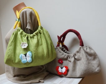 Linen fresh green or natural gray sewn with felt handles fabric bag, crochet butterfly flower handbag purse pouch tote messenger flax rope