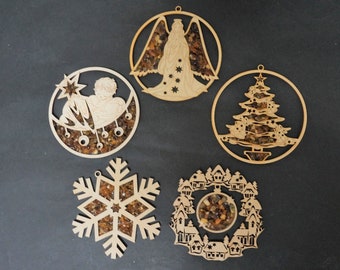 Christmas Amber ornament angel, bauble mandala Lithuanian suncatcher fridge magnet chip laser cut wooden Baltic tree decoration village