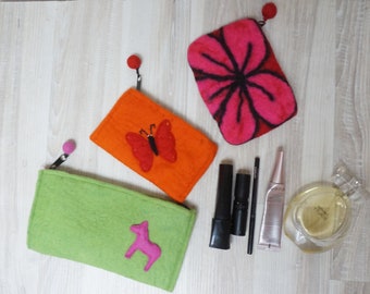 Dala horse, butterfly or floral hot pink red Felted cosmetic bag purse pouch envelope Wool handmade zippered phone case orange green flower