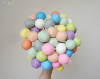 Felt pom pom flowers craspedia bouquet blue yellow wool balls pastel pink grey green beige white arrangement stem floral Easter Billy button