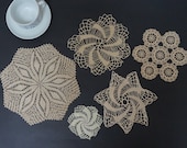 Set of 5 oatmeal cream White crochet round doily runner Coaster pad table placemat folk style flower openwork small cotton milk snowflake
