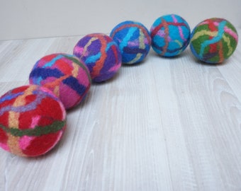 Wool rattle ball large multicolor felted striped green blue pink yellow purple teal mint orange baby cat dog pet toddler toy game play catch