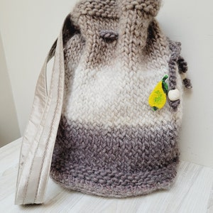 Ombre brown/beige needle knitted bucket bag, drawstring crochet handbag knit folk tote, shoulder wool knit striped handmade hobo style big image 2