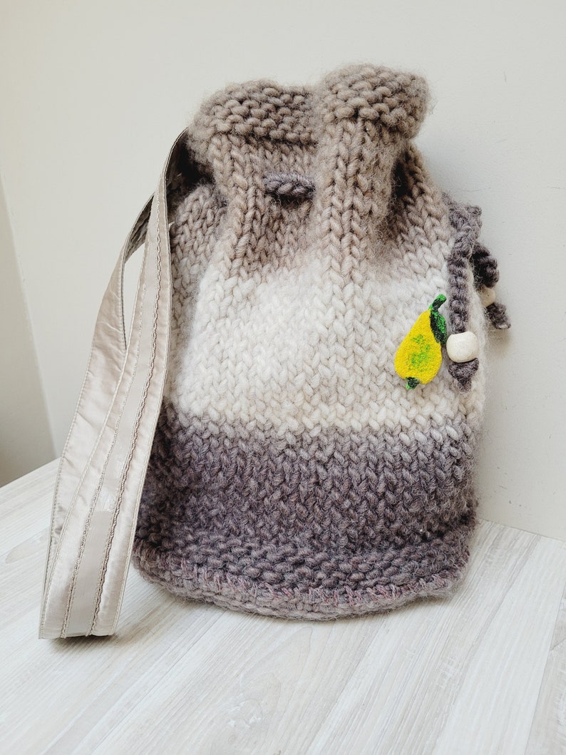 Ombre brown/beige needle knitted bucket bag, drawstring crochet handbag knit folk tote, shoulder wool knit striped handmade hobo style big image 2