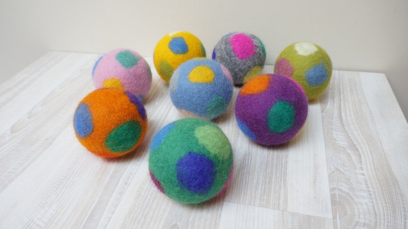 Wool Rattle Ball, Large, Multicolor, Felted Shaker, Polka Dots Green ...