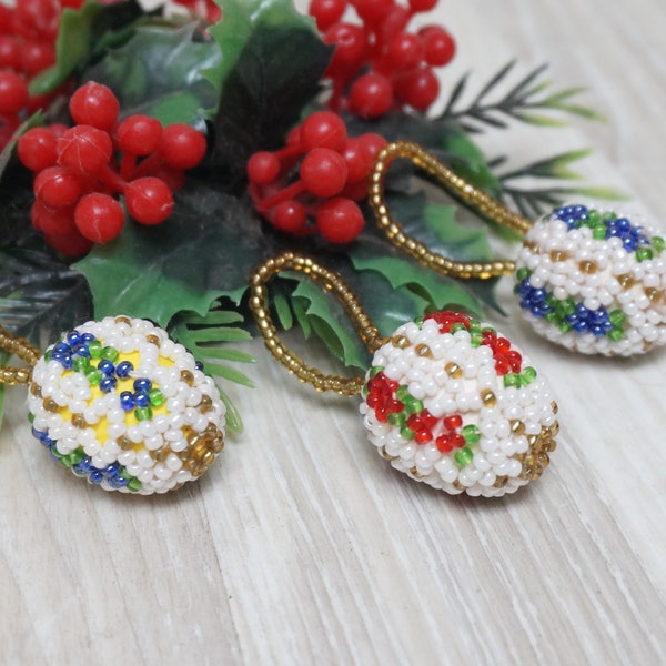 Set of 3 Christmas or Easter beaded egg ornament, spun cotton woven ready to ship gift, handmade floral beadwork hanging tree mini little