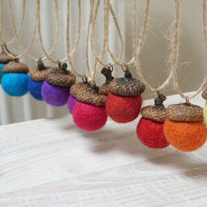 10 felted acorns ornament natural caps wool balls 0.75 1 in. size home Christmas tree hanging bauble decoration red purple turquoise Rainbow mix
