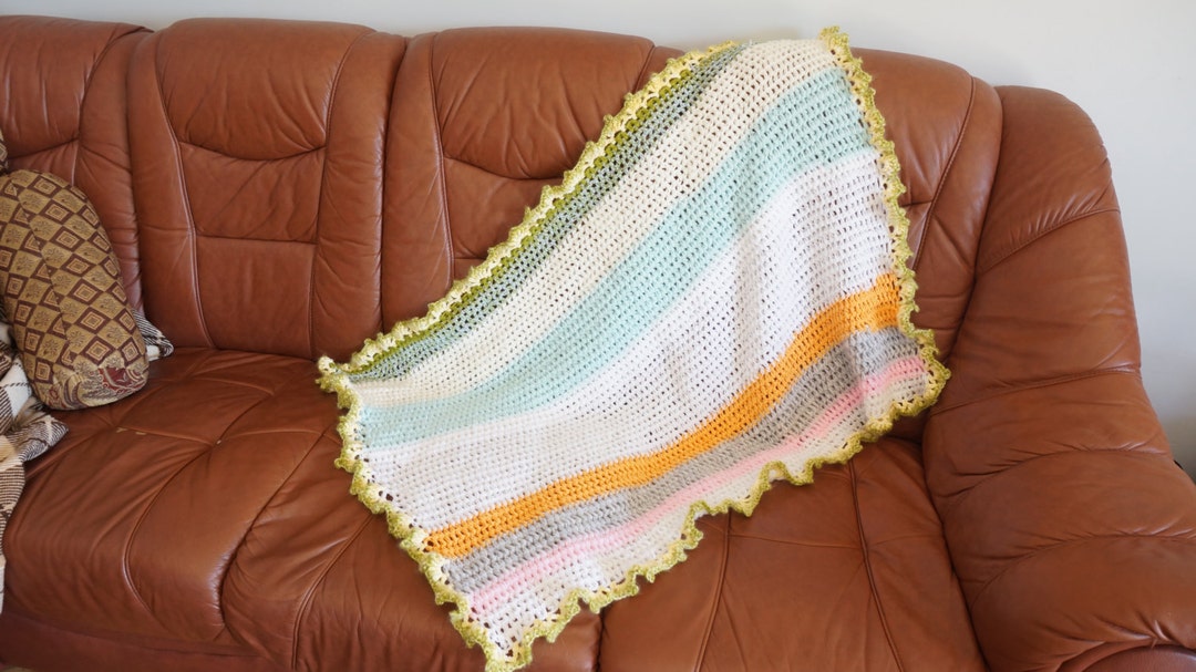 Knitting Baby Blanket Throw Crochet Oblong White Green Pink Etsy