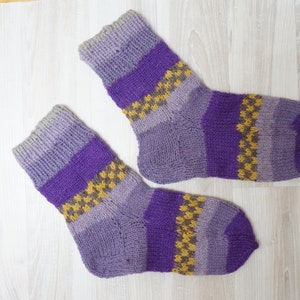 Purple gray yellow Socks Stockings hand knitted Leg warmer Christmas size 7 8 9 handmade unisex boy girl Wool woman scandinavian geometric image 5