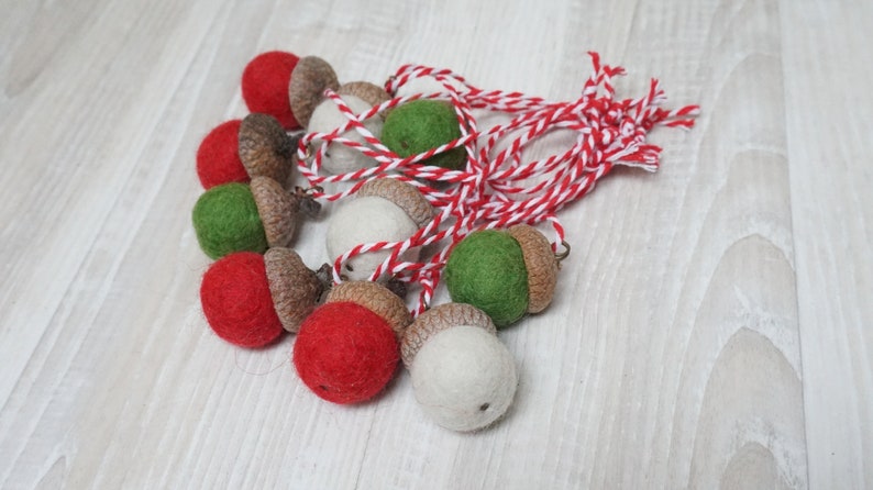 10 felted acorns ornament natural caps wool balls 0.75 1 in. size home Christmas tree hanging bauble decoration red purple turquoise image 9