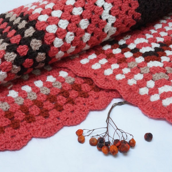 Baby blanket plaid crochet square white brown maroon acrylic shower girl boy kid toddler first Christmas gift handmade knit ready to ship