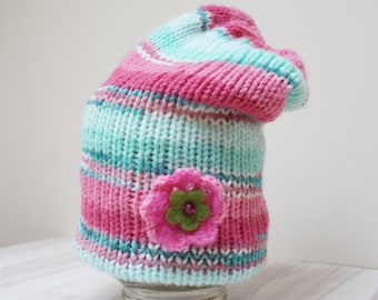 Pink green hat stripe Slouch tam rasta beanie beret ombre kid cap oversized knit chunky handmade warm with flower pin brooch pastel powder