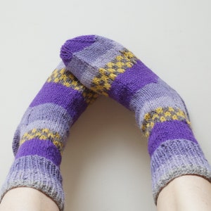 Purple gray yellow Socks Stockings hand knitted Leg warmer Christmas size 7 8 9 handmade unisex boy girl Wool woman scandinavian geometric image 2