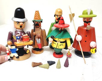 Choose little German man incense smoker doll, vtg Christmas wooden figurine fisher seller made in Germany Erzgebirge burner räuchermännchen