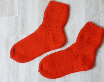 Bright red Socks and mittens set hand knitted boil felted Slippers Leg warmers size 7 6 handmade Scandinavian Wool small woman girl children
