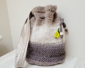 Ombre brown/beige needle knitted bucket bag, drawstring crochet handbag knit folk tote, shoulder wool knit striped handmade hobo style big
