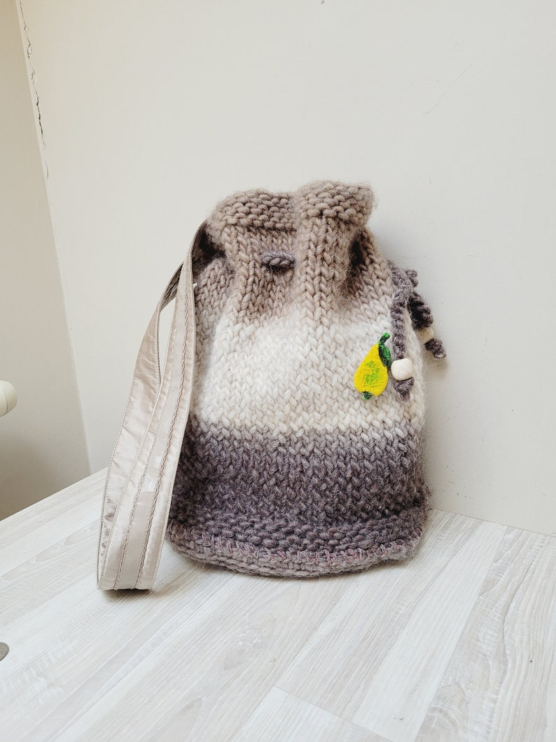 Ombre brown/beige needle knitted bucket bag, drawstring crochet handbag knit folk tote, shoulder wool knit striped handmade hobo style big image 1