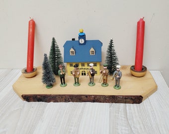 German Erzgebirge Christmas orchestra candle holder, miniature Town Hall musicians ornament wooden candleholder candlestick display caroler