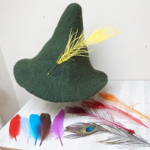 Green felted fairy hat felt wool with feather, festival sauna orange red peacock cap tribal Valentine Christmas carnival Scandinavian tomte Hat w. yellow peacoc