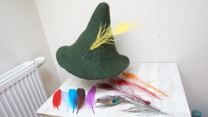 Green felted fairy hat felt wool with feather, festival sauna orange red peacock cap tribal Valentine Christmas carnival Scandinavian tomte Hat w. yellow peacoc
