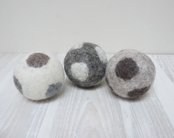 Wool dryer balls, large, set of 3, natural non dyed, felted, polka dots white beige grey brown laundry cat dog pet baby children