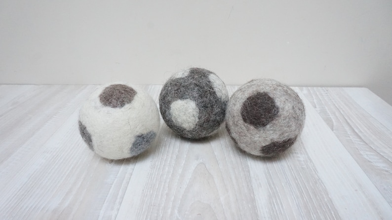 Wool dryer balls, large, set of 3, natural non dyed, felted, polka dots white beige grey brown laundry cat dog pet baby children image 1