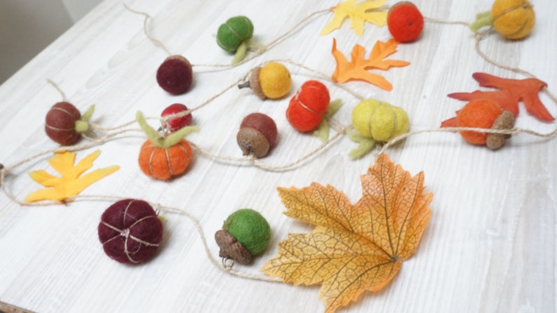 Fall Thanksgiving garland felt wool pumpkin acorn leaf orange red green yellow autumn Halloween leaves bunting home decor decoration felted image 6