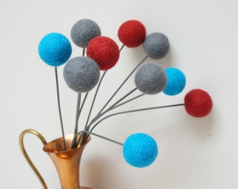 Felt pom pom flowers craspedia bouquet multicolor wool balls turquoise grey red arrangement stem floral Easter Billy buttons teal aqua