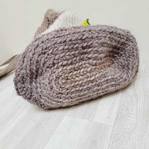 Ombre brown/beige needle knitted bucket bag, drawstring crochet handbag knit folk tote, shoulder wool knit striped handmade hobo style big image 9