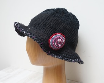 Black crochet Fedora, ruffle Cloche Skullcap, witch hat beret cap knit felt pin decor handmade Wool with brim hand knitted brooch women girl