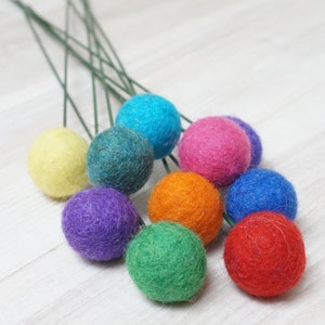 May include: A bunch of felt balls on wire stems. The balls are in various colours, including yellow, green, blue, purple, red, and orange.