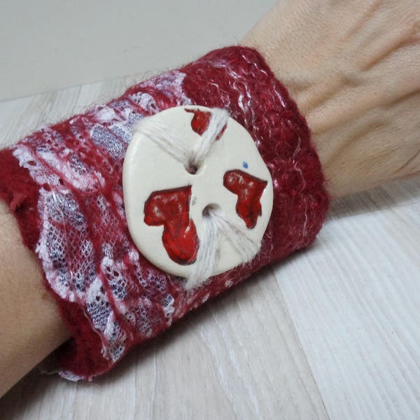 Felted bracelet with heart ceramic button nuno felt wrist cuff arm warmer flower floral burgundy wine red lace fall autumn ooak bordeaux