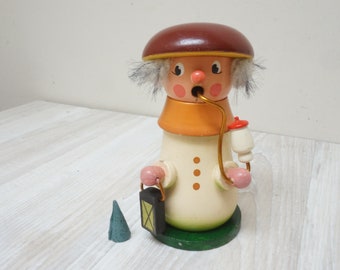 4.75" German mushroom incense smoker doll, vintage Christmas wooden man figurine made in Germany Erzgebirge burner räuchermännchen wood old