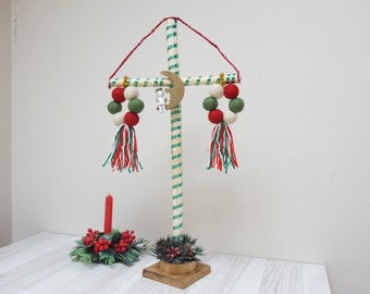 Christmas Swedish style maypole centerpiece, midsummer pole folk wreath, tabletop table felt ball ornament, beltane home decor Scandinavian