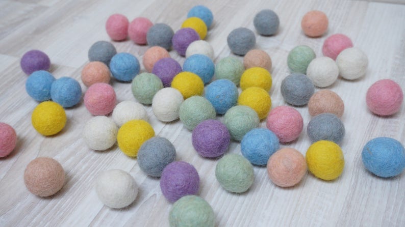 Pastel 50 felt wool balls 1/2 in. size green yellow grey blue pink white beige yellow art craft supply handmade in Lithuania powder soft image 3