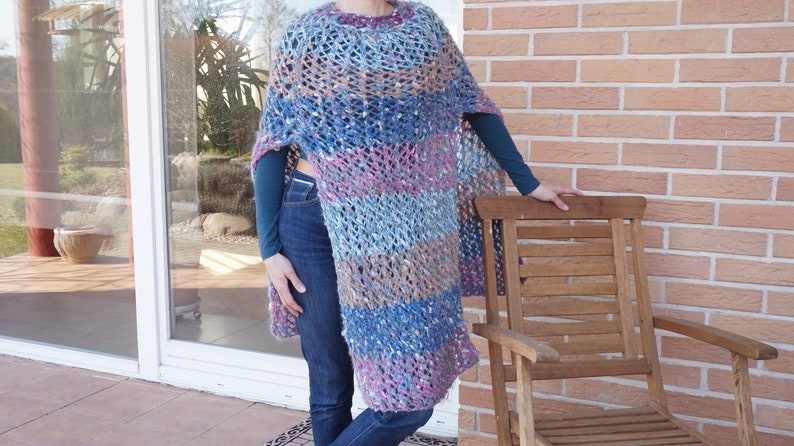 Warm spring ombre Mohair Knitting Summer Poncho Scarf shawl wrap crochet knit blue purple Shawl mesh net fishnet ooak handmade wool openwork image 4