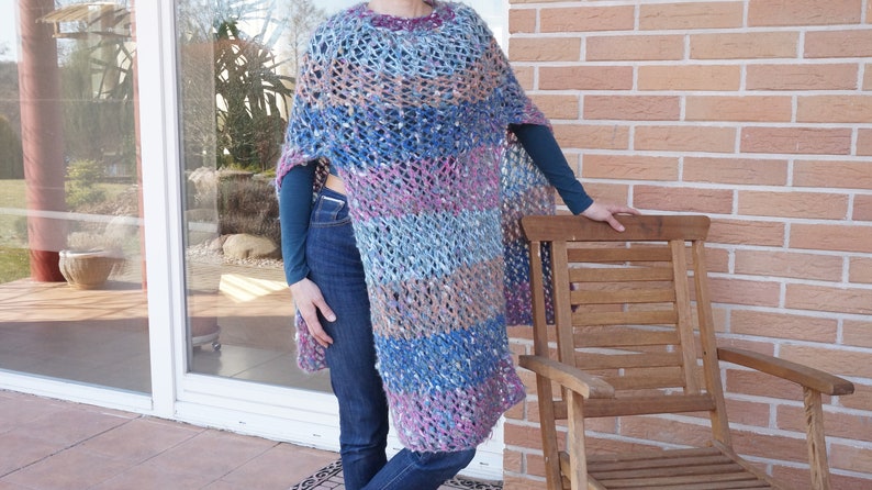 Warm spring ombre Mohair Knitting Summer Poncho Scarf shawl wrap crochet knit blue purple Shawl mesh net fishnet ooak handmade wool openwork image 3