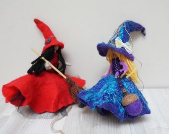 Good luck kitchen witch doll handmade hanging ornament felt dress hat Halloween hand red black waldorf fairy fay small flower wedding