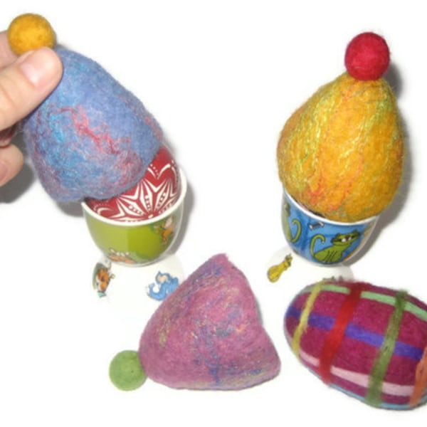 6 Felted egg warmers cozy cap, set of 3, color, Easter gift, felt balls, blue green orange yellow pink purple lilac